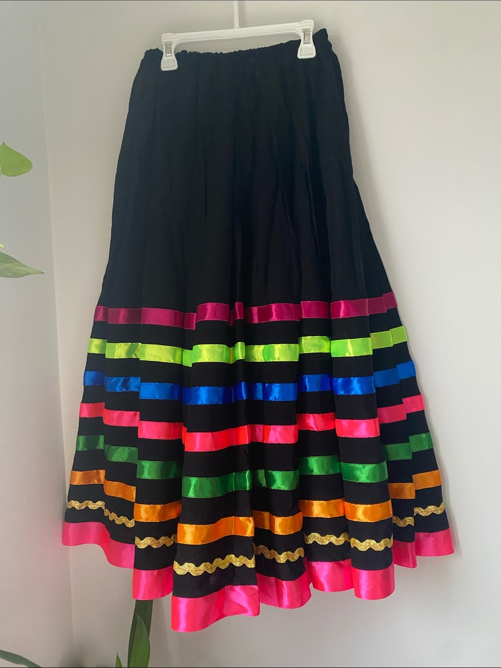 Vintage Black A-Line Skirt with Neon Ribbon Bands